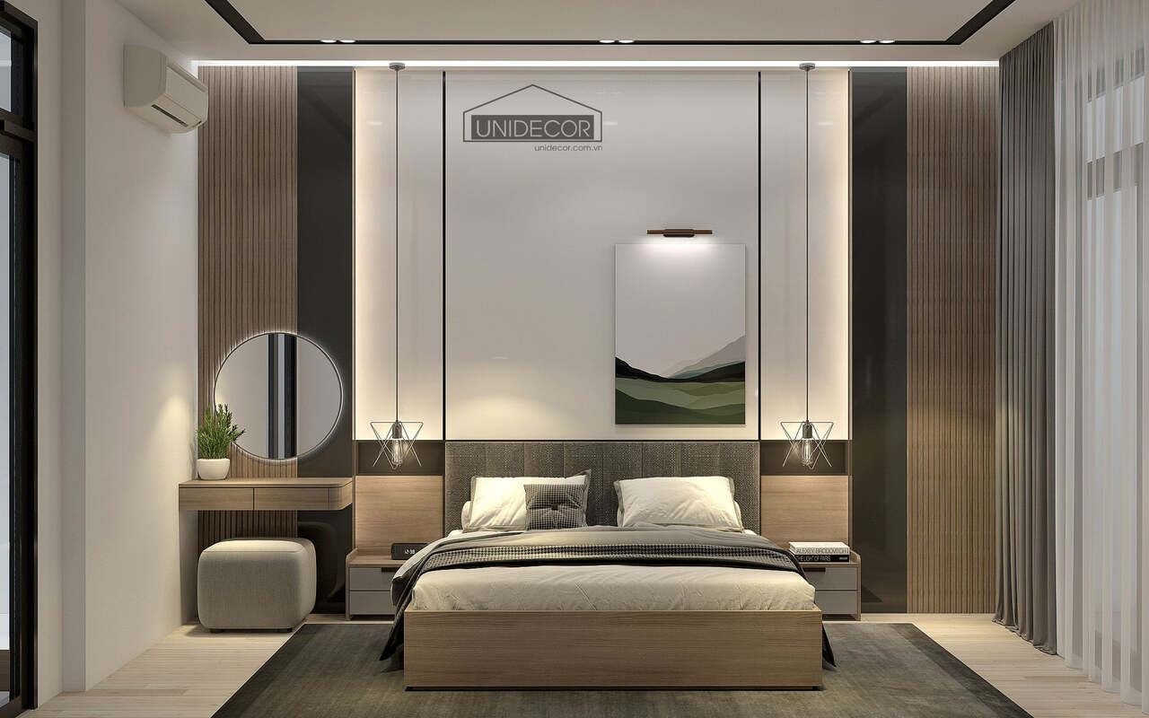 Phòng ngủ với bàn trang điểm và hệ lam gỗ hiện đại
