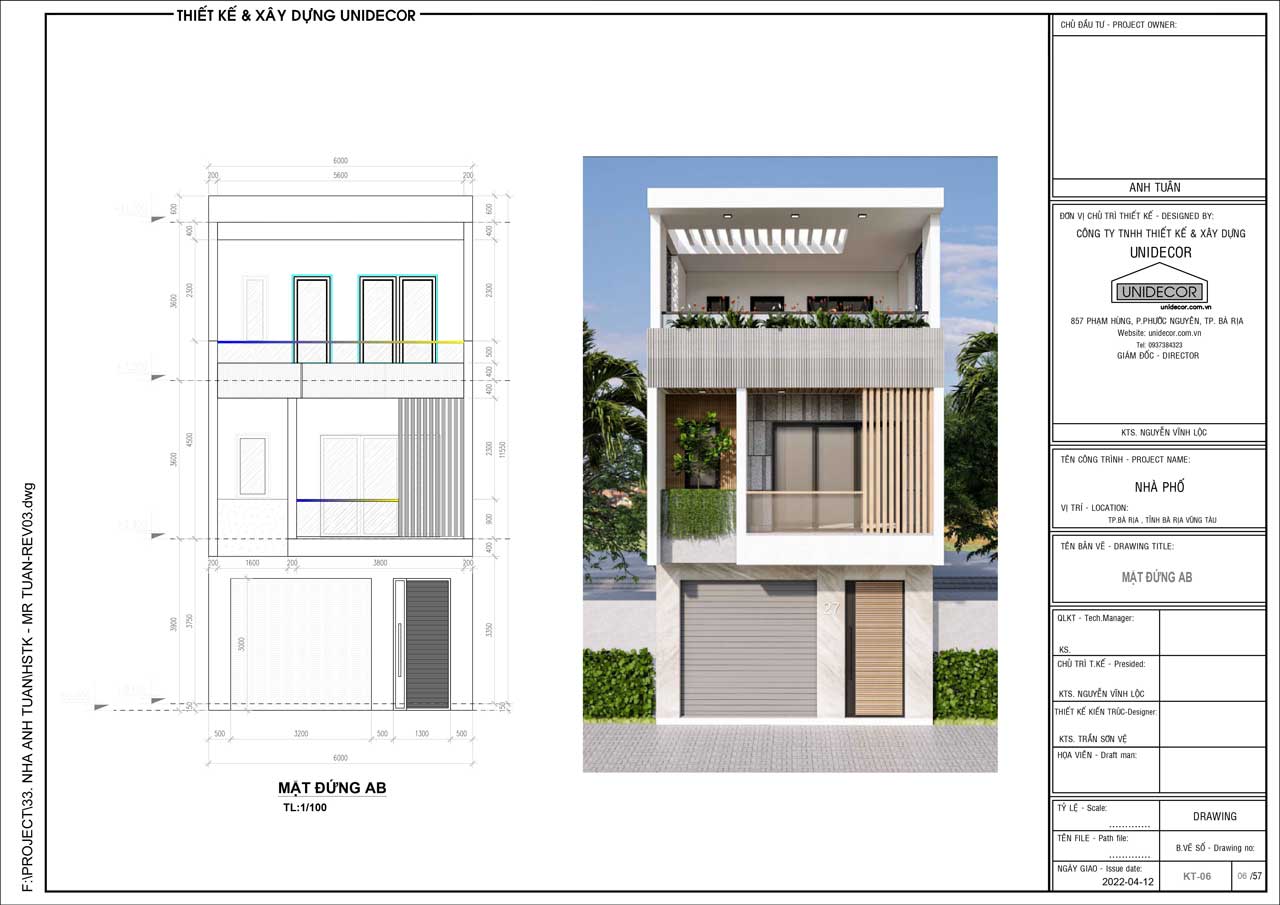 Kích thước bản vẽ chi tiết kiến trúc mặt tiền nhà 3 tầng tại phường Long Tâm, Tp Bà Rịa