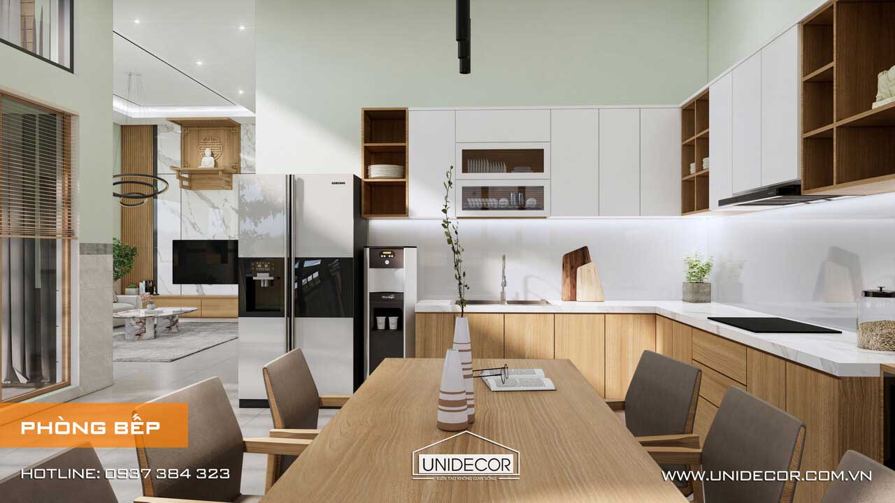 Toàn bộ nội thất phòng bếp đều sử dụng gỗ ván cao Cấp An Cường