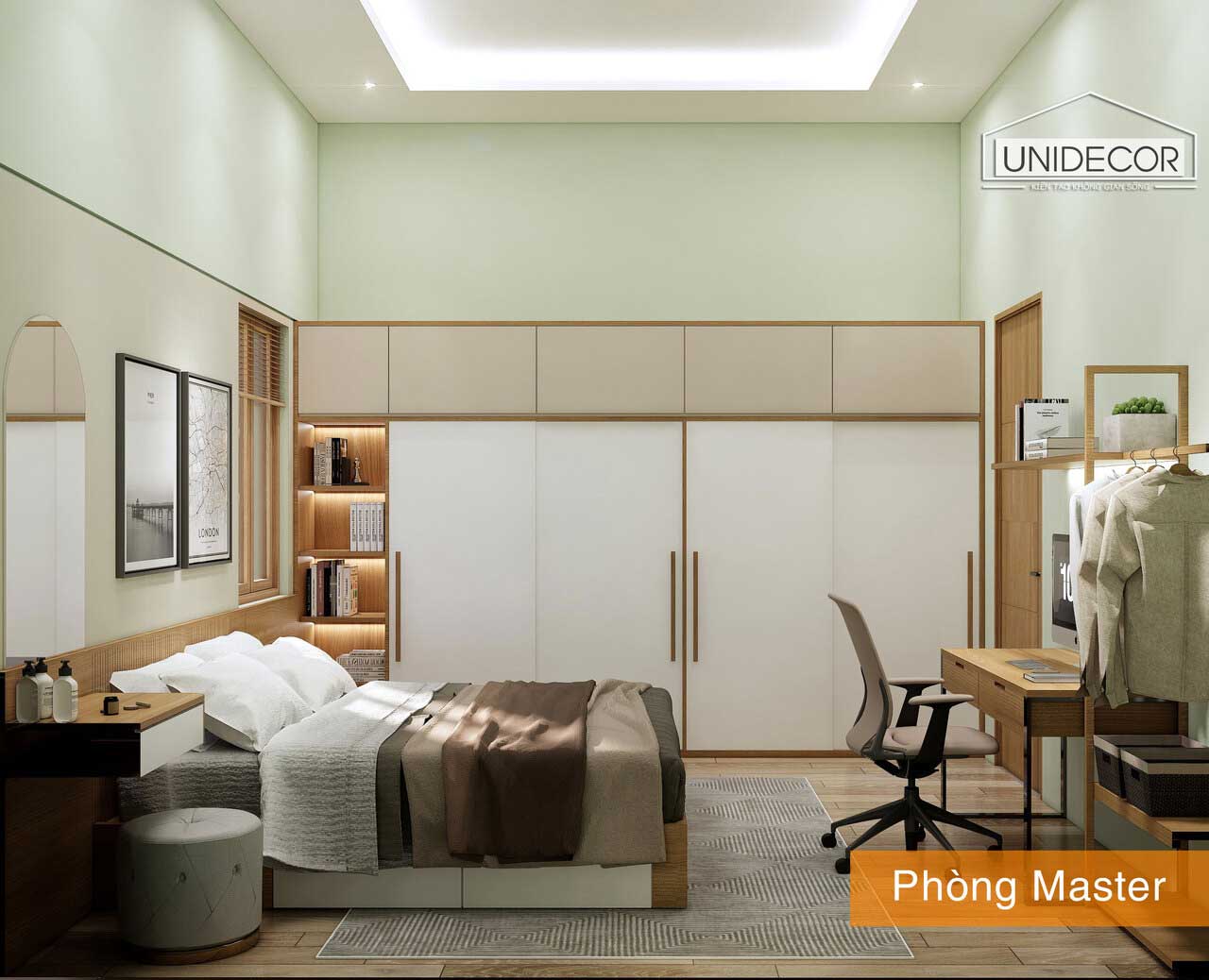 Phòng ngủ master dành riêng cho gia chủ là vợ chồng chị Ly Na, thiết kế tối giản, nhưng vẫn đủ công năng sử dụng