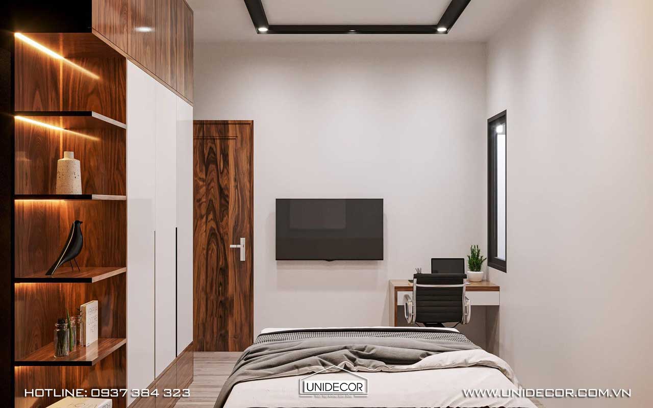 Phòng ngủ tầng 1 sử dụng hệ gỗ công nghiệp gỗ cao cấp An Cường