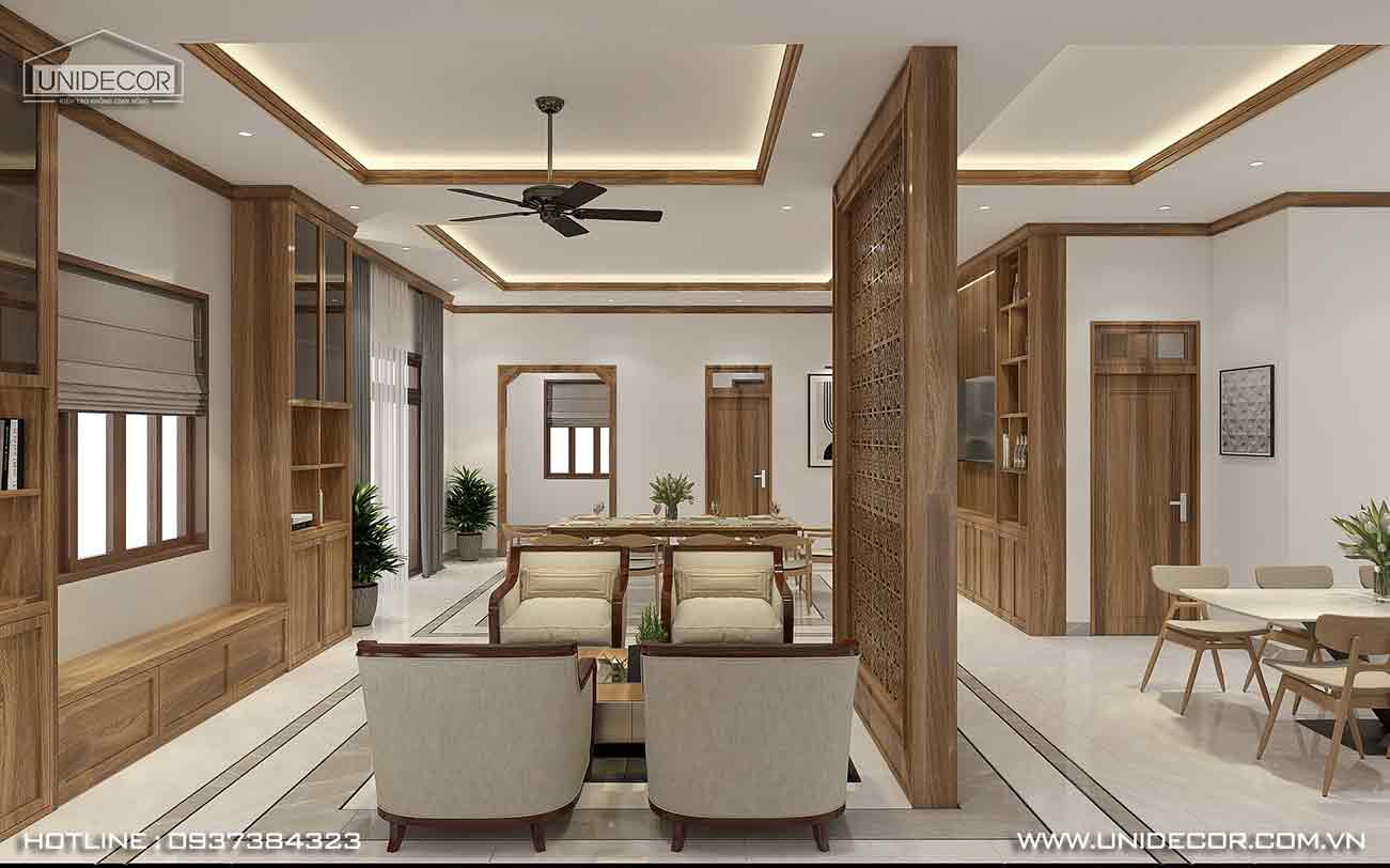 Ngăn cách không gian phòng khách và phòng bếp bằng vách lam gỗ