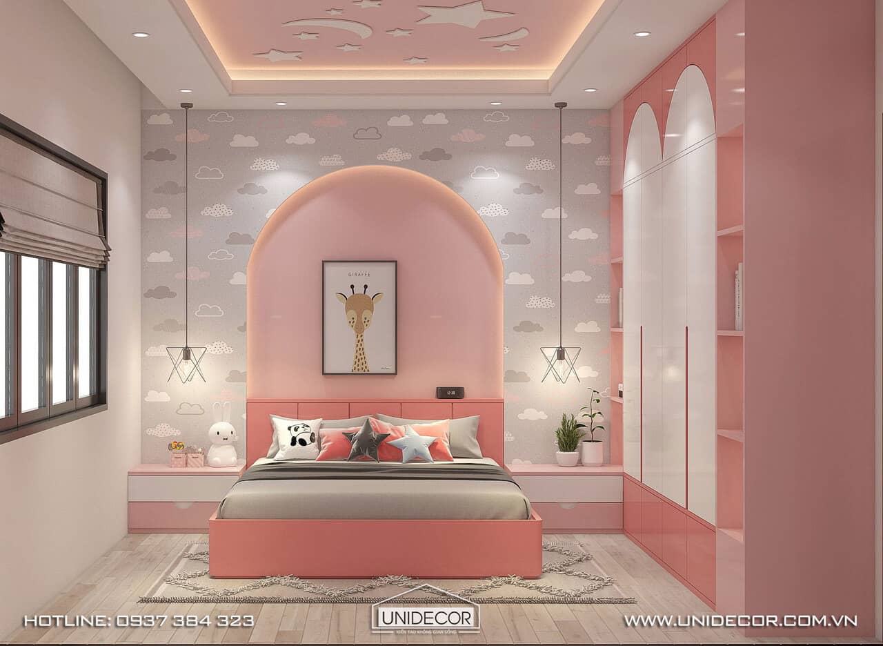 Phòng ngủ hồng dễ thương dành cho bé gái