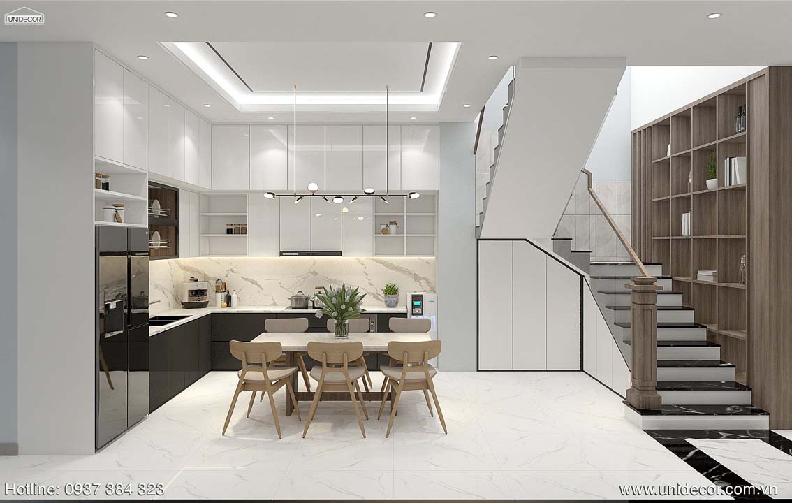 Phòng bếp thiết kế hiện đại cho không gian nấu và bàn ăn rộng thoải mái