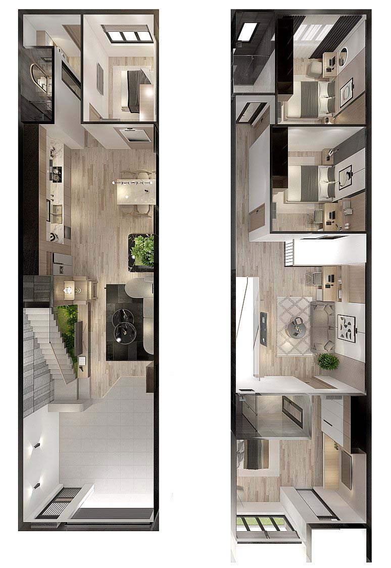 3D mặt bằng công năng của nhà+ Tầng 1: Gara xe, phòng khách, không gian bếp, 1 phòng ngủ cơ bản, 1 nhà vệ sinh, khu giặt ủi
+ Tầng 2: Phòng sinh hoạt chung, 1 phòng ngủ master, 2 phòng ngủ cơ bản, 2 nhà vệ sinh