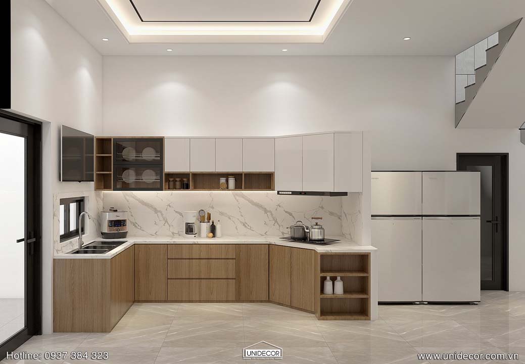 Không gian khu vực bếp  đơn giản với hệ tủ bếp hiện đại