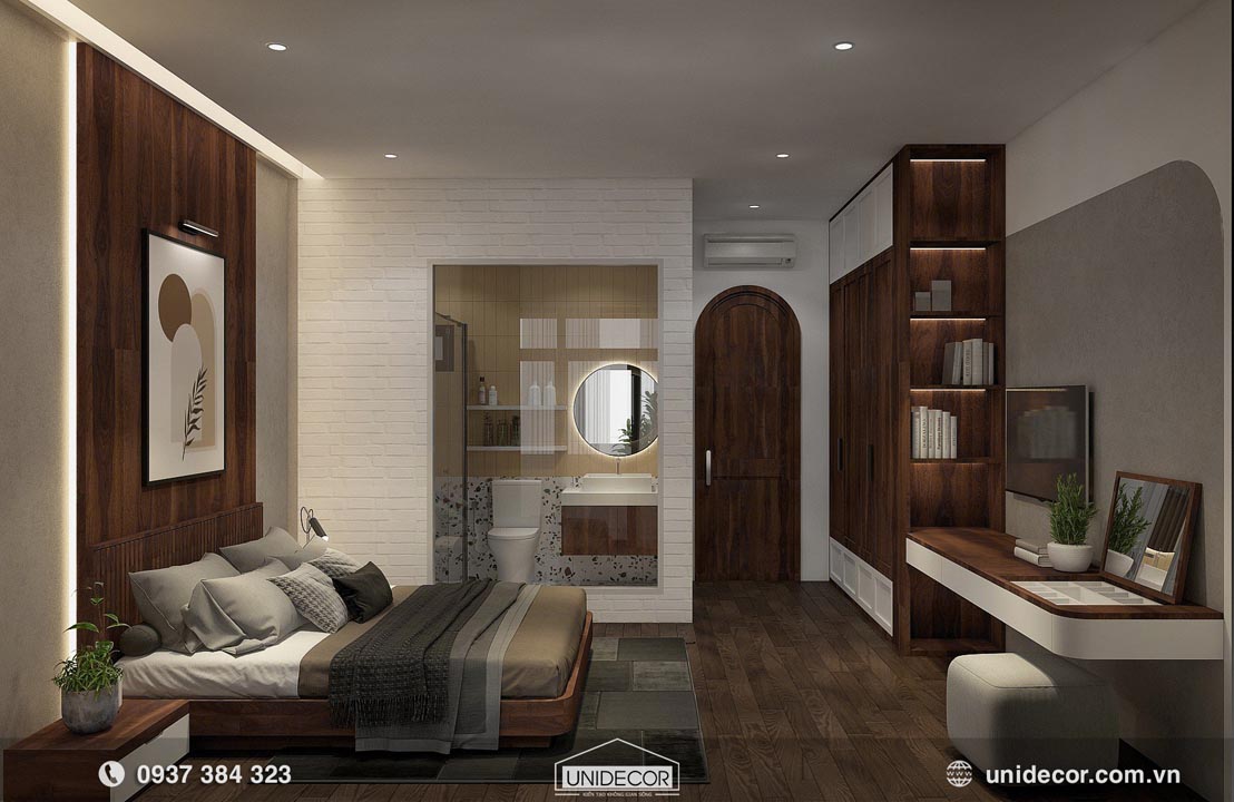 Không gian phòng ngủ master rộng thoáng mát với tone màu gỗ làm căn phòng thêm sang trọng