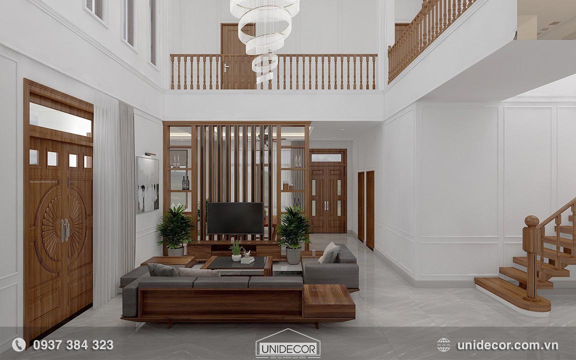 Không gian phòng khách được thiết kế thoáng với nội thất gỗ tự nhiên sang trọng