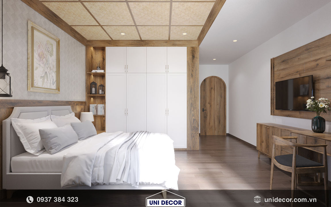 Nội thất phòng ngủ master với tone màu gỗ và trắng kem tạo sự hài hòa cho căn phòng